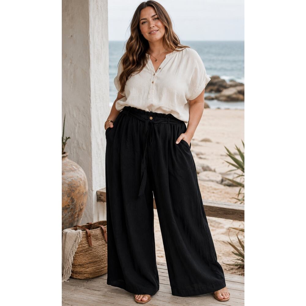 GeeGee Black Linen Blend Wide Leg Pants Boho Beach Women’s Size 3X NEW
